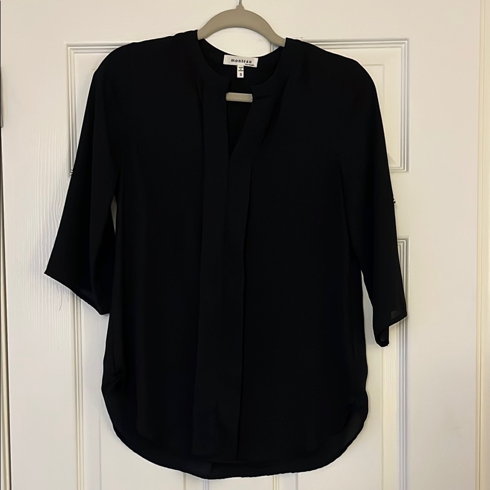 Monteau Black 3/4 Sleeve Relaxed Blouse with Mandarin Collar